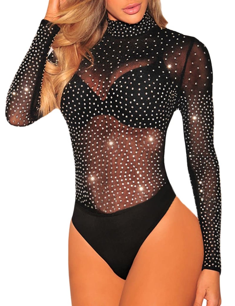 Lrady Women's Sheer Mesh Turtleneck Neck See Through Leotard Bodysuit Body Tops Black XL